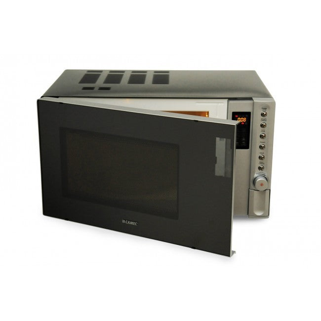 Silver Camec 25L microwave oven with digital display and control panel. 