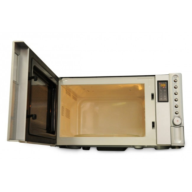 Silver Camec 25L microwave oven with digital display and control panel, shown with the door open.