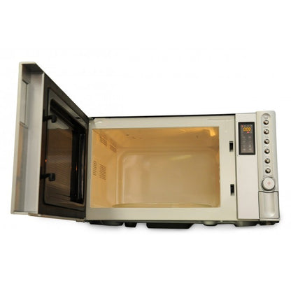 Silver Camec 25L microwave oven with digital display and control panel, shown with the door open.