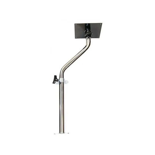 A swing away table attachment designed for space-saving in vehicles, featuring a metal pole with a clamp and a mounting plate.