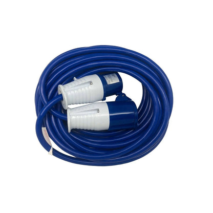 A 10-meter blue caravan extension lead with a 16A round pin plug and coupler IP44 cover.