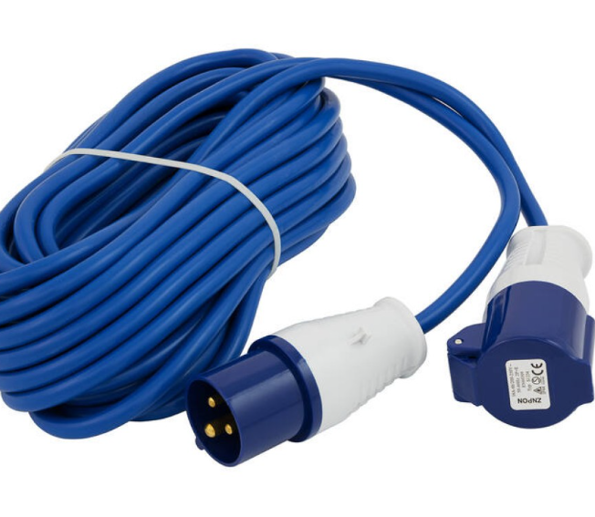 A 10-meter blue caravan extension lead with a white connector on one end and a blue connector on the other.