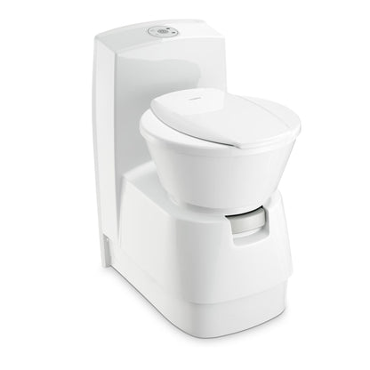 Dometic CTS4110 cassette toilet featuring a compact design with a swivel seat and scratch-resistant ceramic bowl.