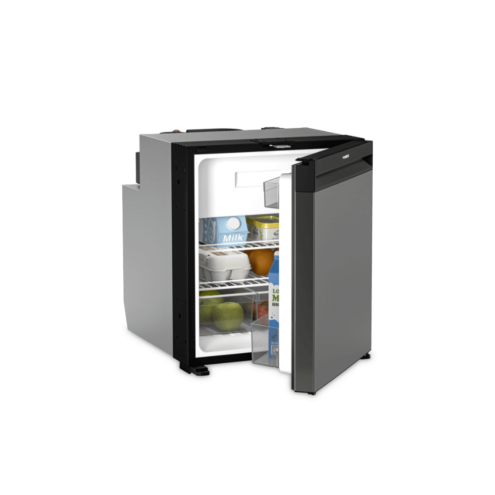 Dometic NRX 60 fridge/freezer open showing 55L interior with adjustable shelves and 6.1L freezer compartment