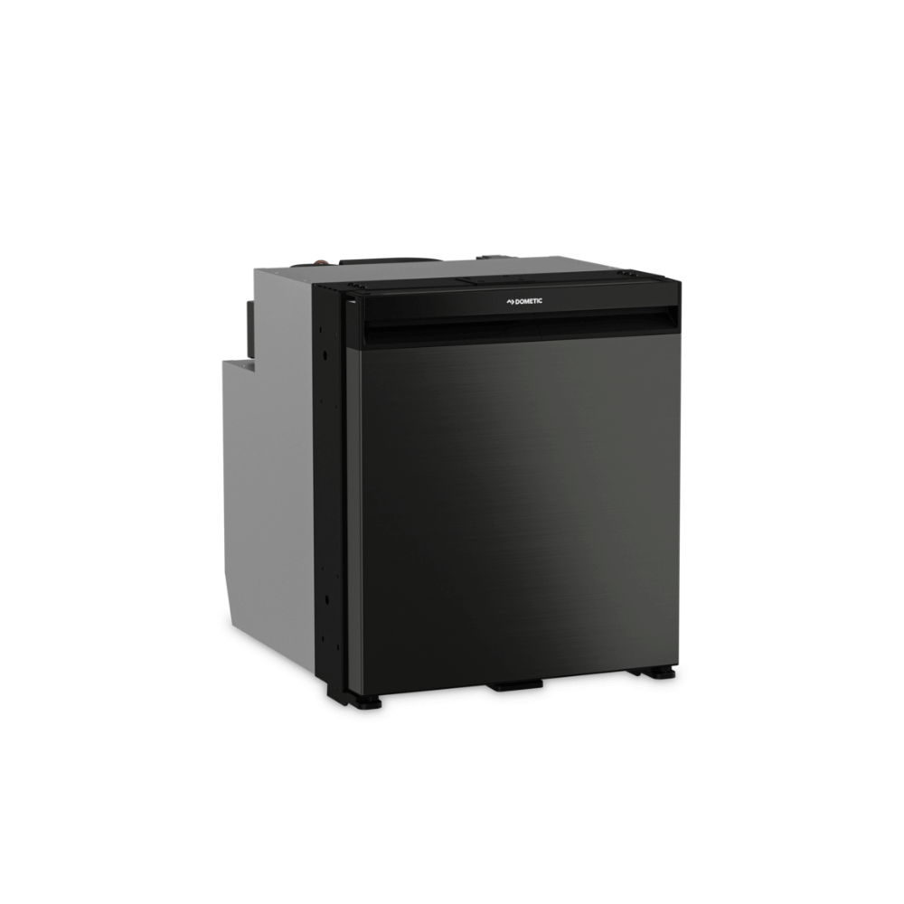 Dometic NRX 60 exterior showing frameless dark silver door with full-width handle and reversible hinge