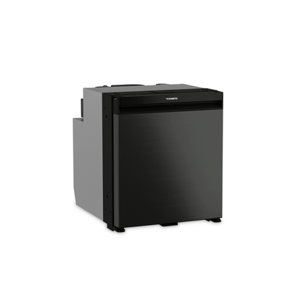 Dometic NRX 60 exterior showing frameless dark silver door with full-width handle and reversible hinge