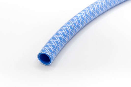Blue hose with a textured pattern on a white background