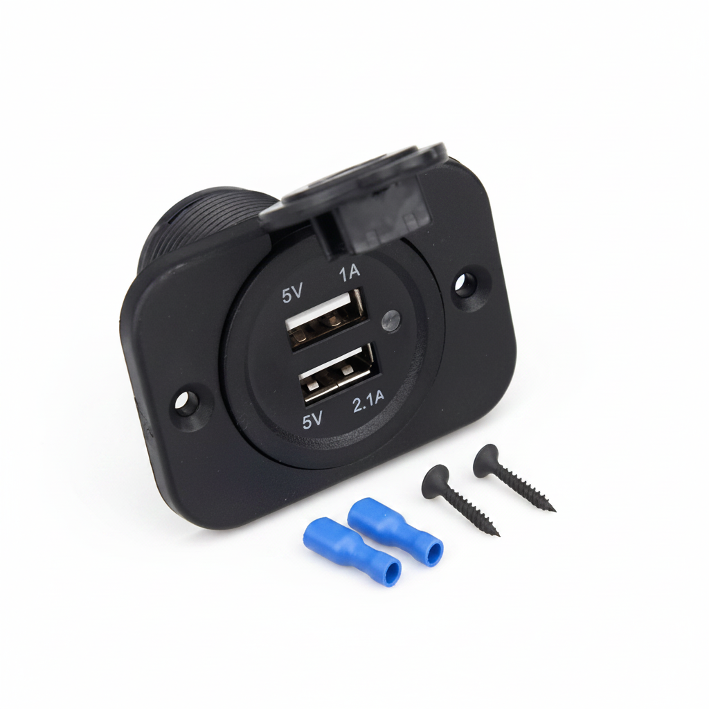 Black USB socket with screws and blue connectors on a white background