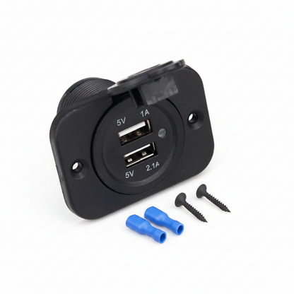 Black USB socket with screws and blue connectors on a white background