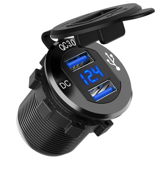 Black car charger with dual USB ports and digital display on a white background, featuring the Vanlifer brand.