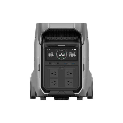 Power station with digital display and multiple outlets on a white background