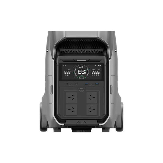 Power station with digital display and multiple outlets on a white background