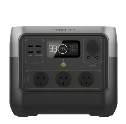 EcoFlow power station with multiple outlets and display on a white background