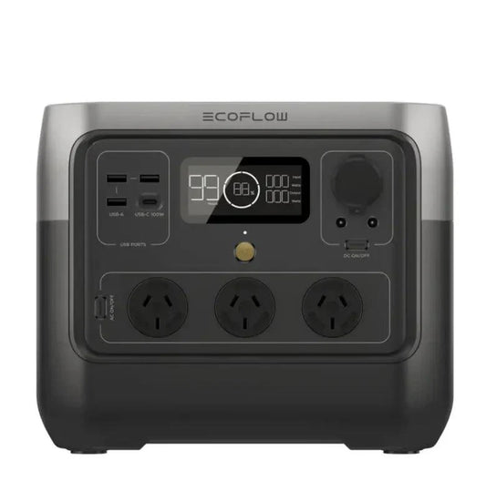EcoFlow power station with multiple outlets and display on a white background