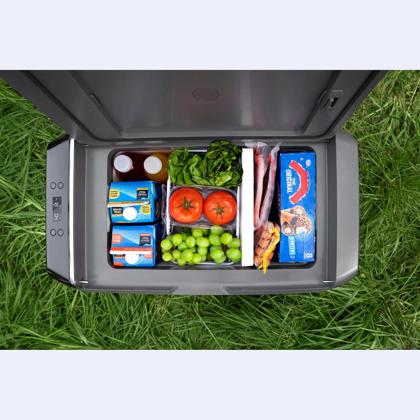 EcoFlow Glacier Portable Fridge Freezer open top view showing dual zone food storage with fresh produce and frozen items