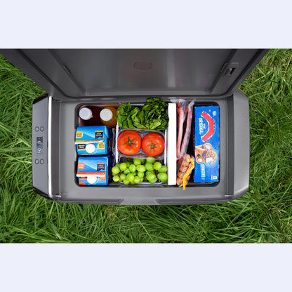 EcoFlow Glacier Portable Fridge Freezer open top view showing dual zone food storage with fresh produce and frozen items
