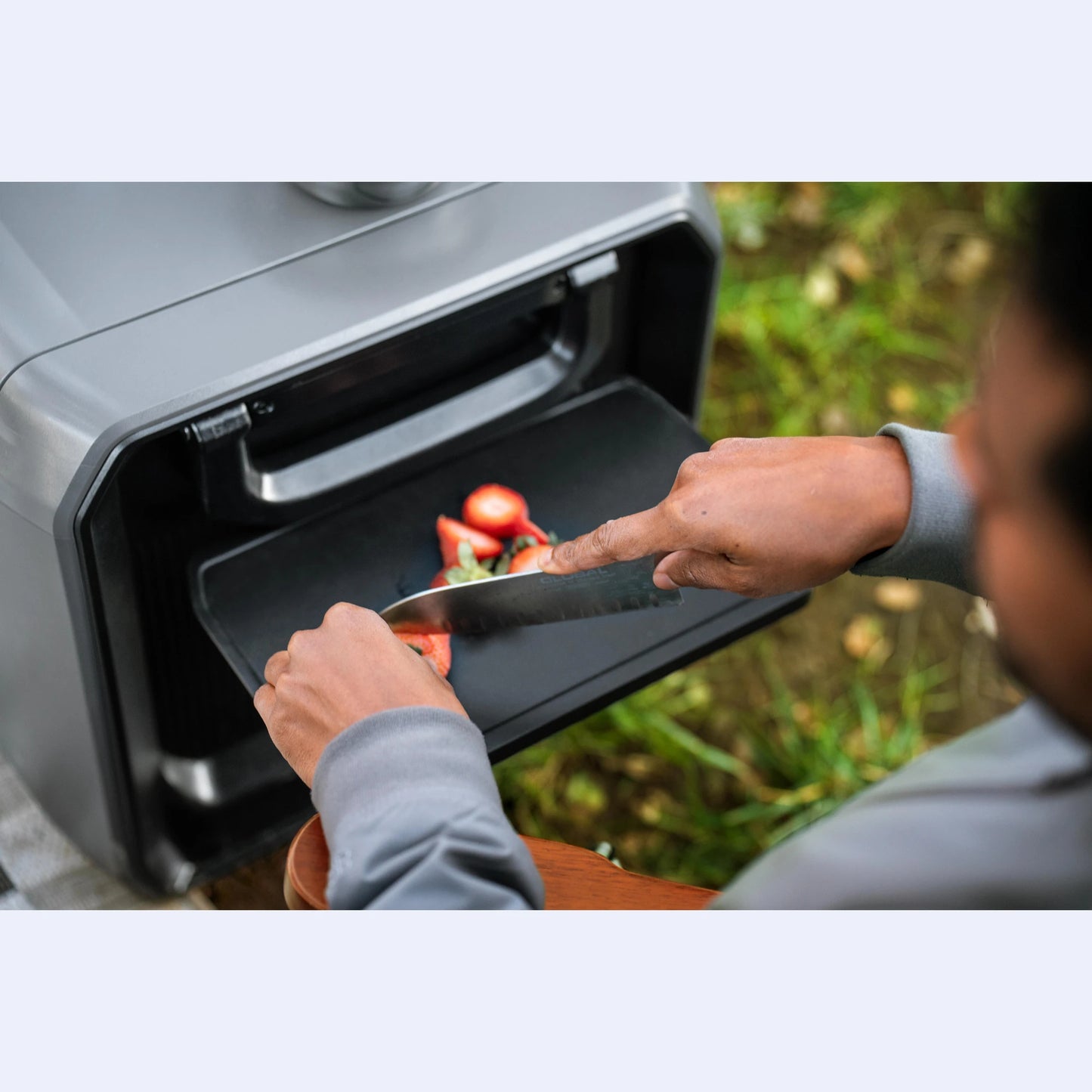EcoFlow Glacier Portable Fridge Freezer open lid close-up with fresh strawberries, dual zone off-grid fridge