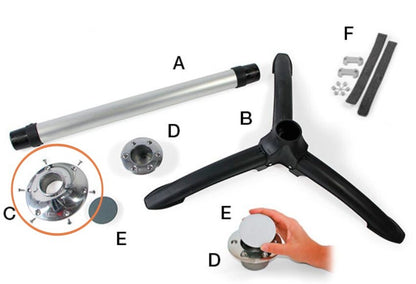 Mechanical parts labeled A to F on a white background