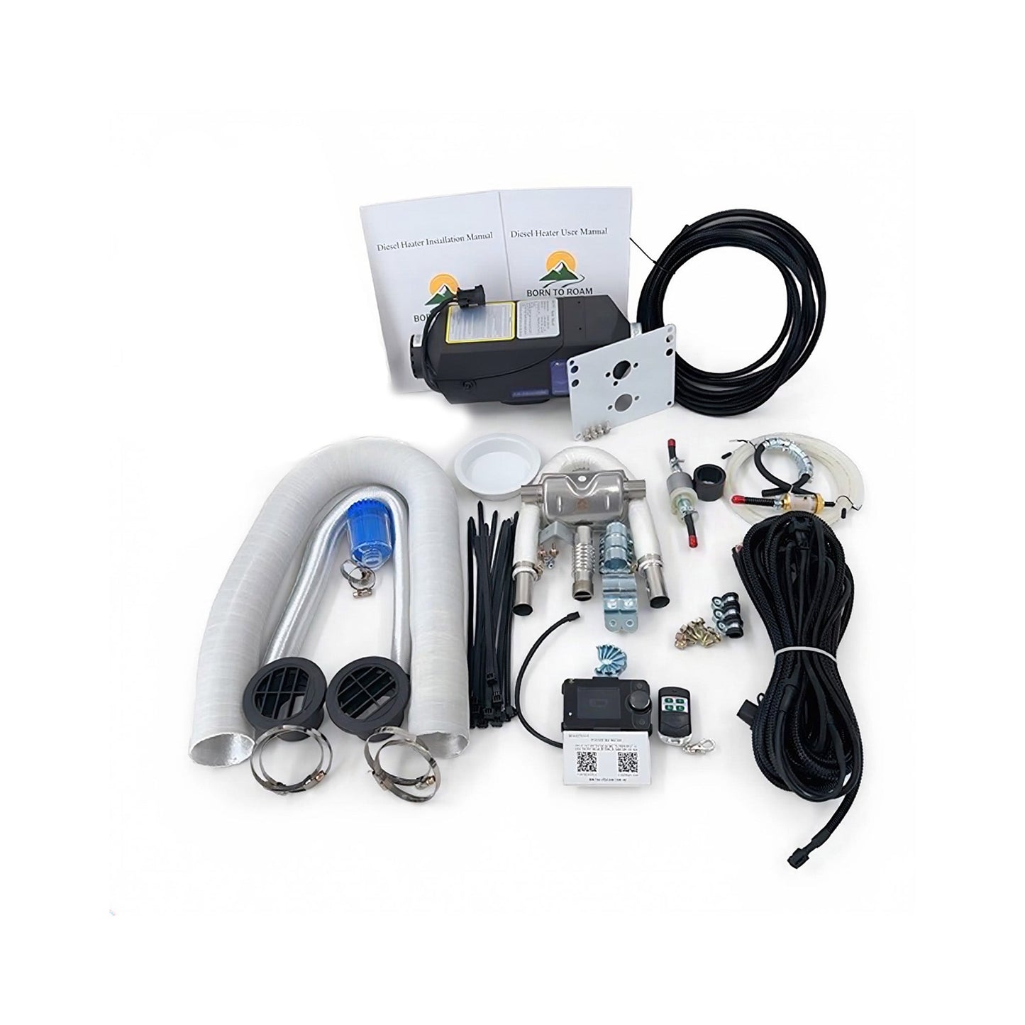 Born to Roam 2kW Bluetooth diesel heater kit components, no tank