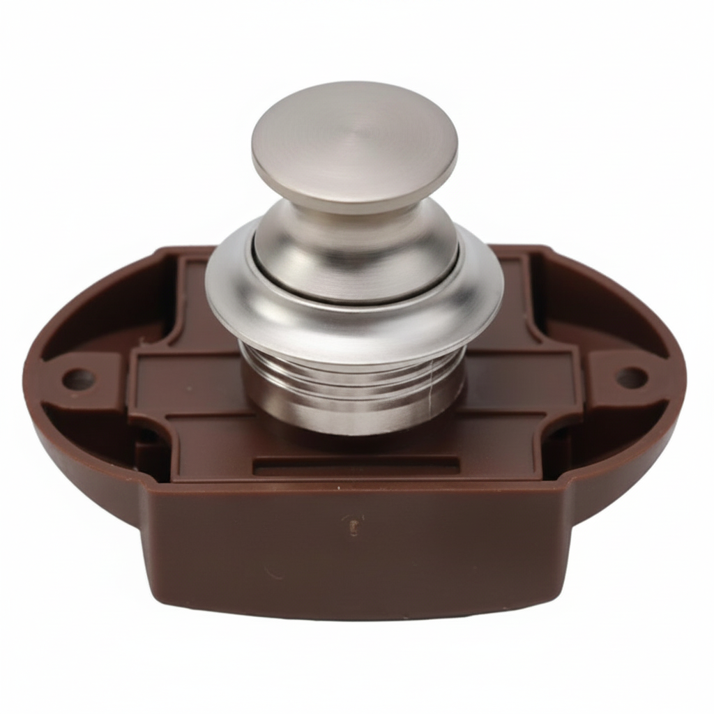 Top view of large push button cabinet lock catch with chrome finish and zinc alloy latch mechanism