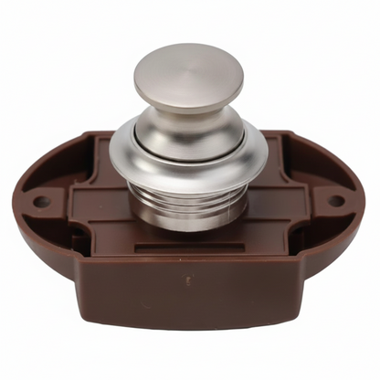 Top view of large push button cabinet lock catch with chrome finish and zinc alloy latch mechanism