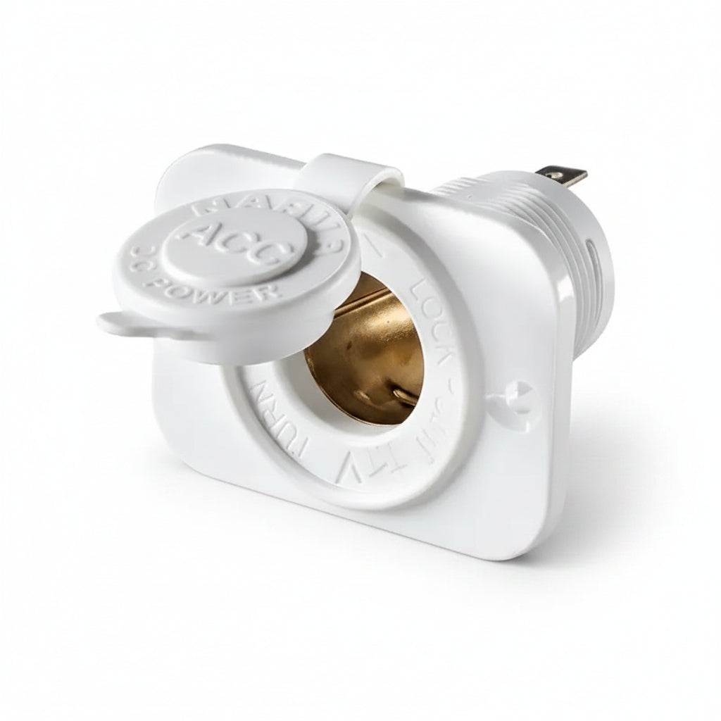 Narva heavy duty white 12V accessory socket with protective dust cover for campervan caravan marine and automotive electrical systems