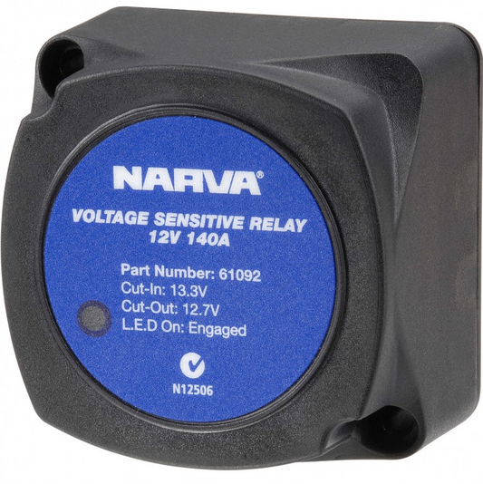 A 12V 140A voltage sensitive relay by NARVA, with a blue label on top displaying part number and other specifications.