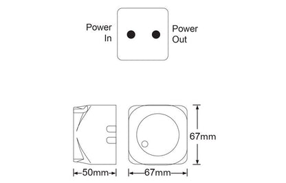 Diagram of a power adapter with labeled power input and output, dimensions, and connectors.