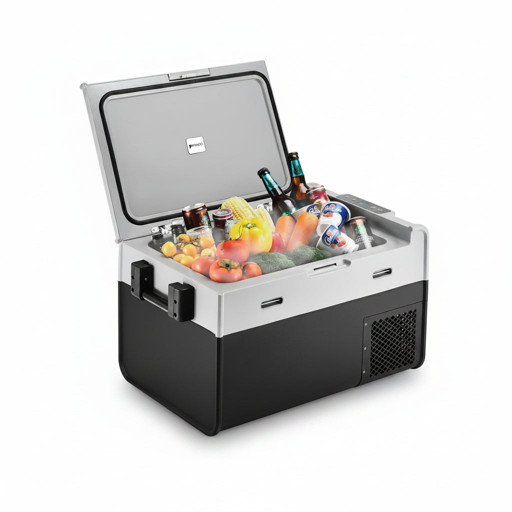 Portable refrigerator with food items on a white background, labeled 'German Design'.