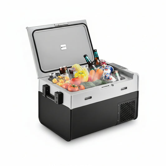 Portable refrigerator with food items on a white background, labeled 'German Design'.