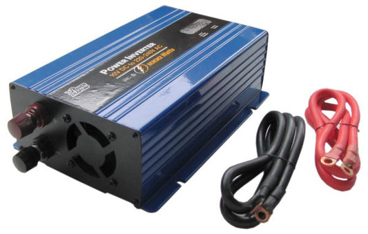 Blue power inverter with cables on a white background