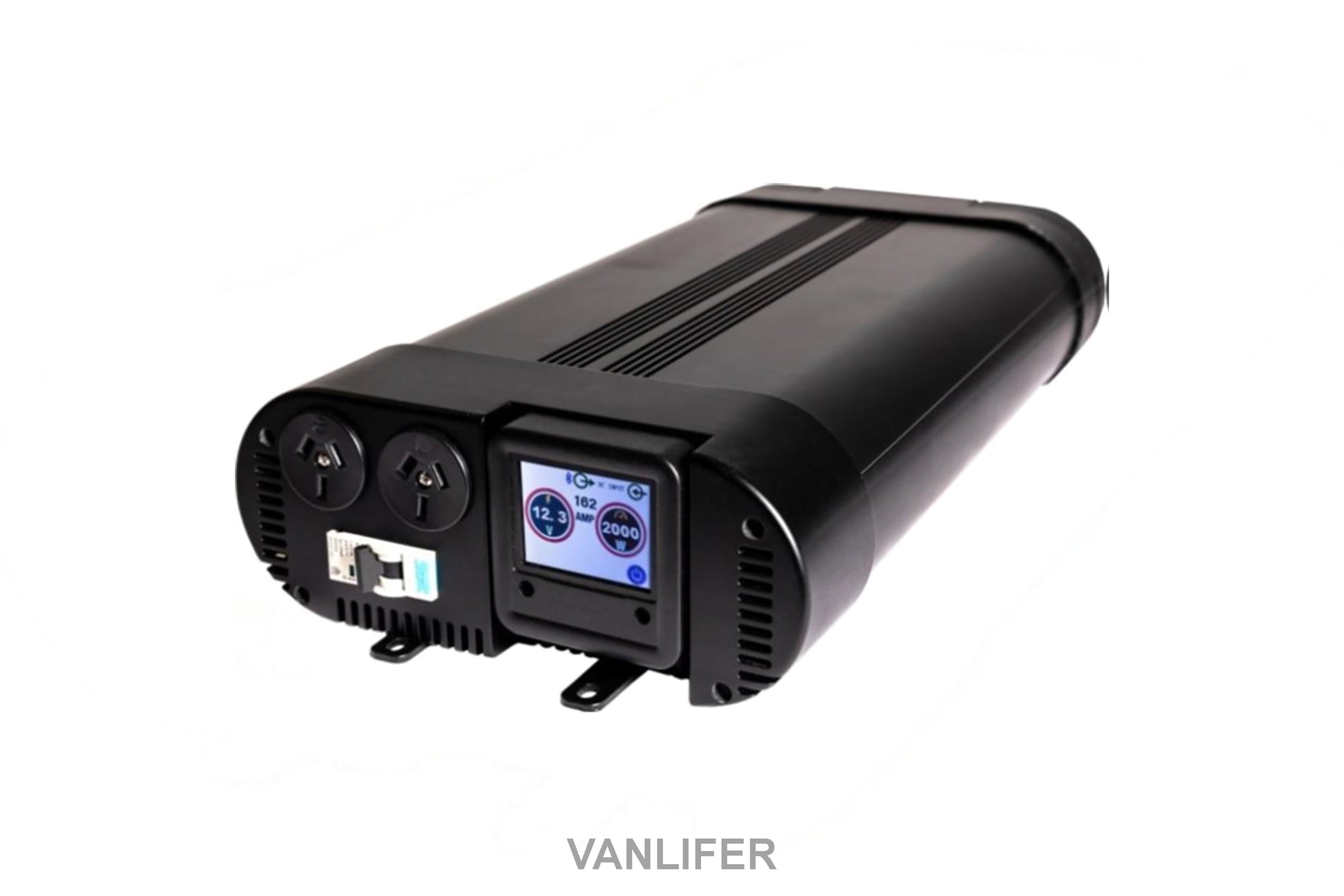 Power Train 2000W inverter with Bluetooth screen, compact design for campervan and off-grid power solutions.