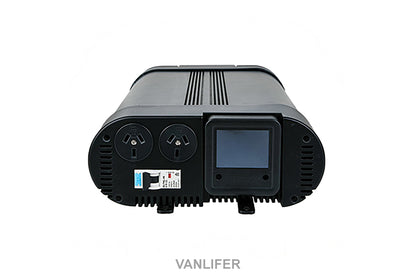 Power Train 2000W inverter rear view with Bluetooth screen and AC outlets for versatile power solutions.
