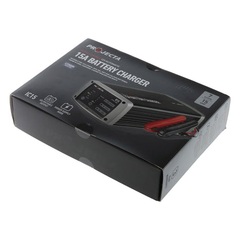Box of Projecta 15A battery charger on a white background