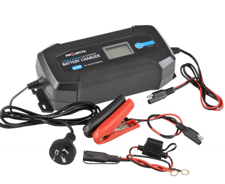Projecta automatic 12V battery charger with cables and clamps, suitable for lead-acid batteries