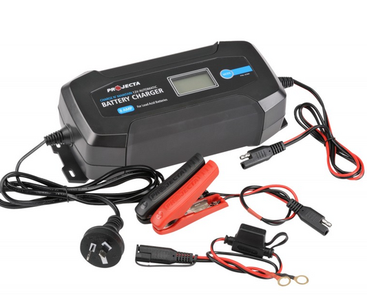 Projecta automatic 12V battery charger with cables and clamps, suitable for lead-acid batteries