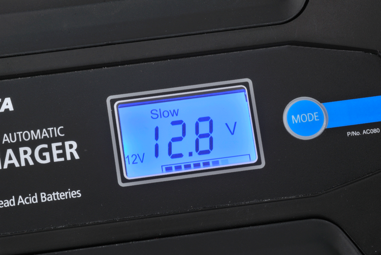Digital display on a battery charger showing voltage reading