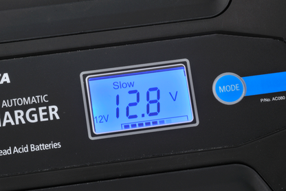 Digital display on a battery charger showing voltage reading
