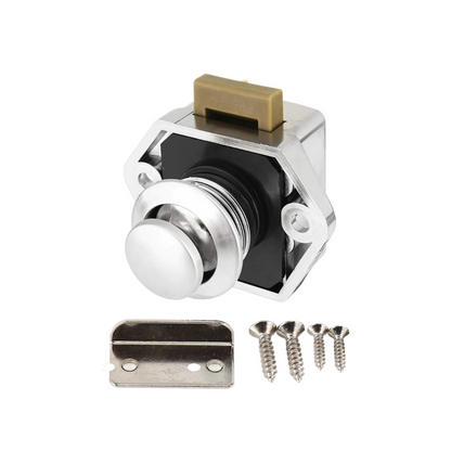 Metal door lock with components on a white background