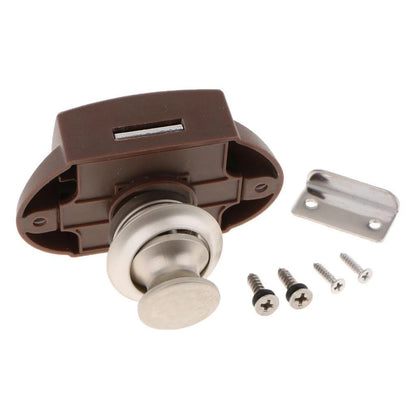 Door handle assembly with brown cover, silver knob, and screws on a white background