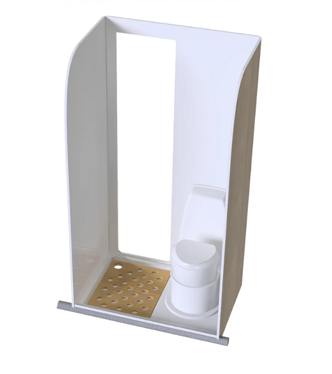 Fibreglass shower pod design featuring integrated toilet and drainage system, ideal for compact bathroom spaces.