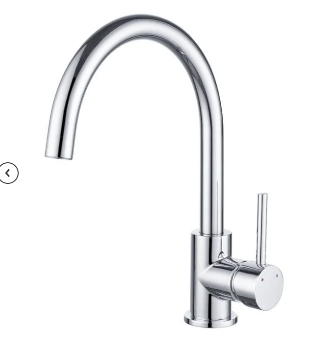 Chrome side lever gooseneck sink mixer faucet with a sleek design, featuring a 35mm inlet and a WELS 4 Star rating.