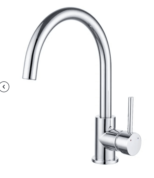 Chrome side lever gooseneck sink mixer faucet with a sleek design, featuring a 35mm inlet and a WELS 4 Star rating.