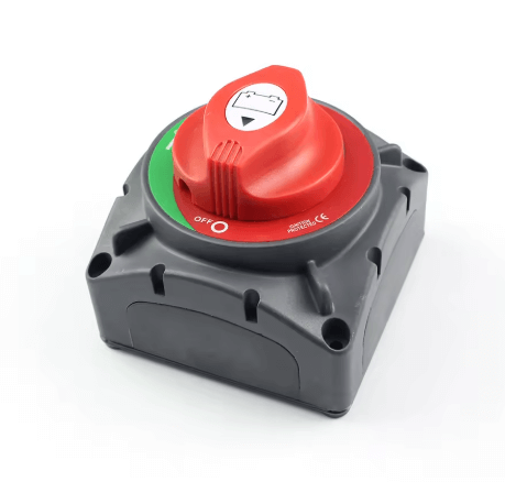 Red and gray switch with green indicator on a white background


