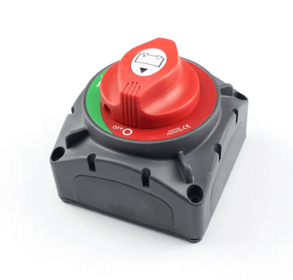 Red and gray switch with green indicator on a white background

