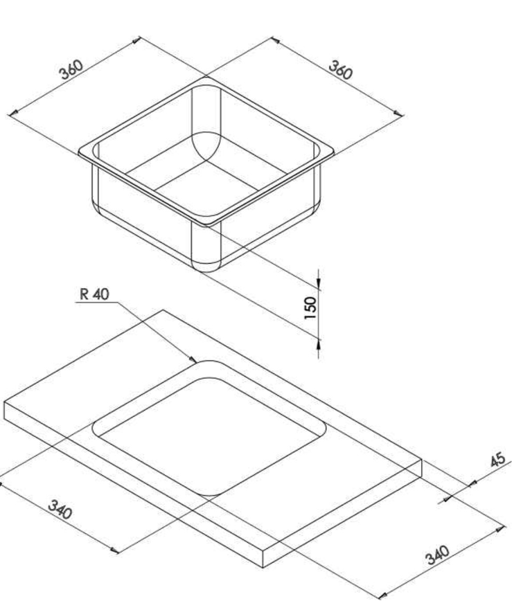 Technical drawing of a square matt stainless steel sink with dimensions.