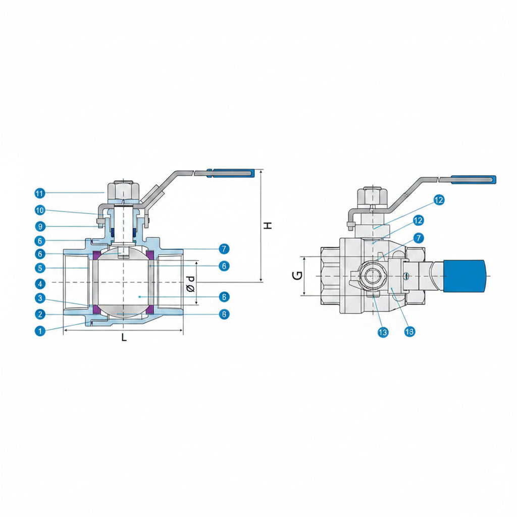 Technical drawing of a valve with labeled dimensions on a white background