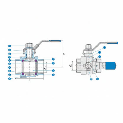 Technical drawing of a valve with labeled dimensions on a white background