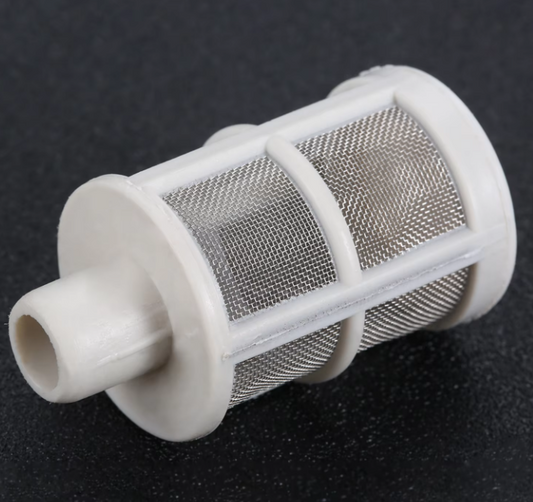 A white stainless steel mesh filter with a cylindrical shape, designed for use with garden sprayers or car washers.