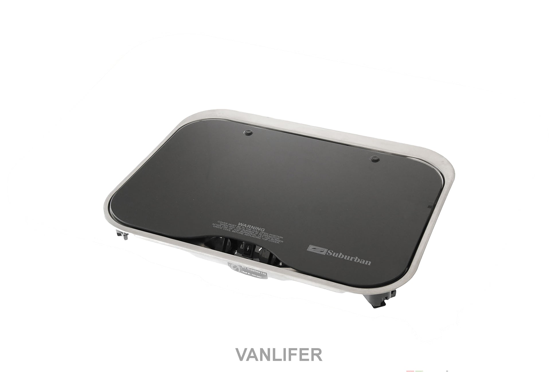 A gray Suburban 2 Burner Cooktop with Lighter, featuring a glass lid and center controls.